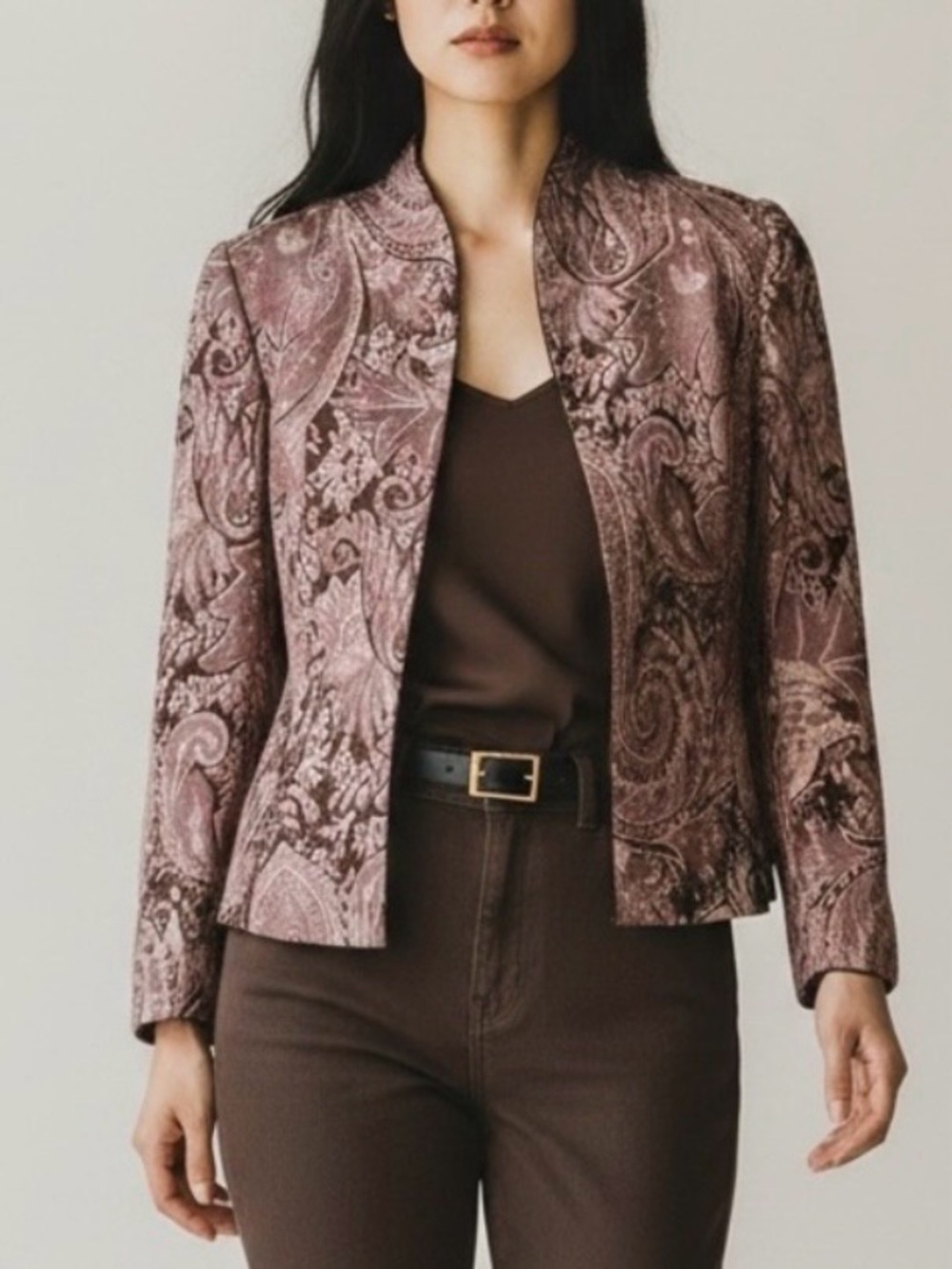 Vintage Tradition Jacquard Blazer Open Front Burgundy Maroon Gold Size 8 Petite